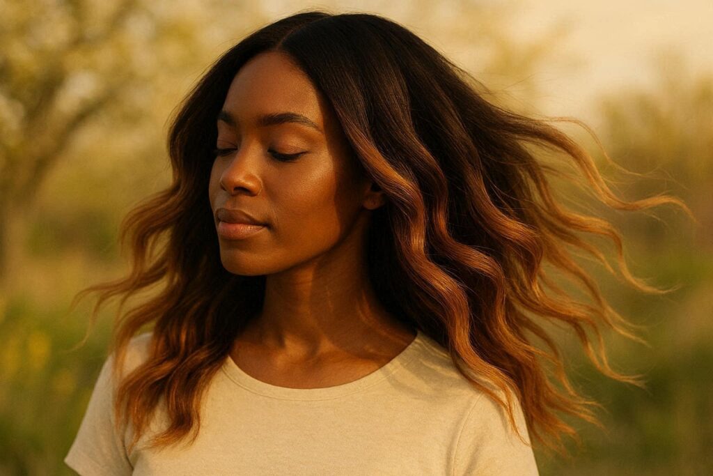 Loose waves with caramel ombre color on dark roots, soft spring hairstyle