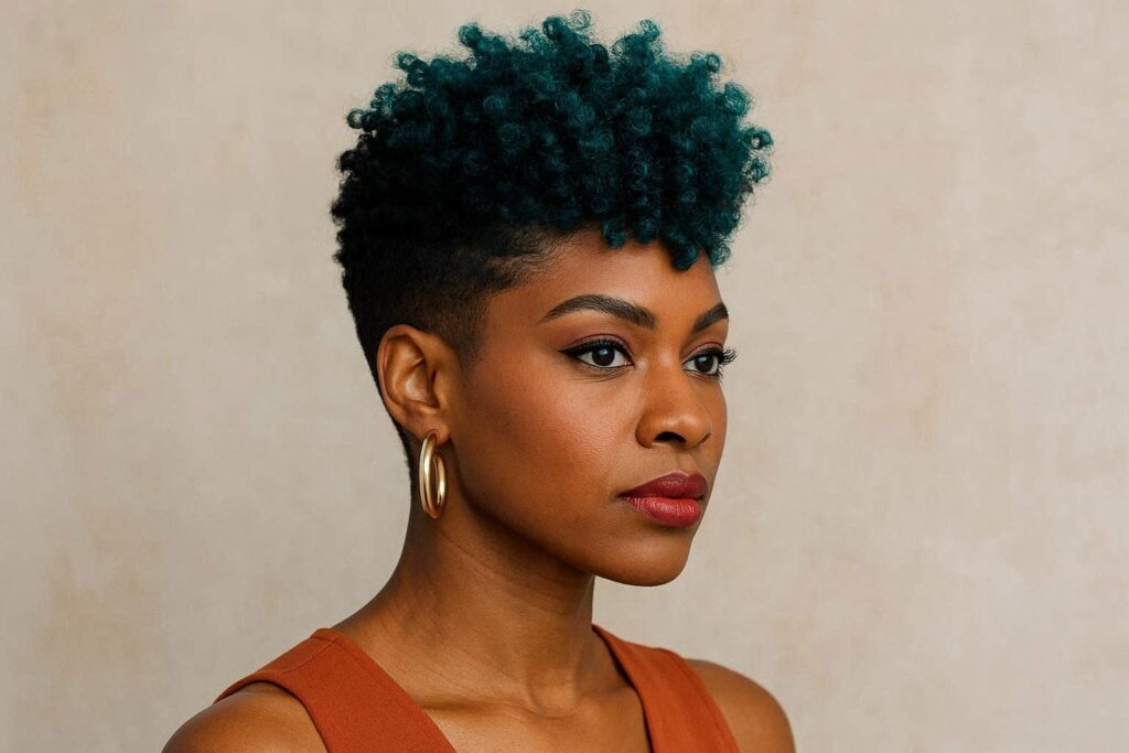Tapered natural haircut with colored top and defined curls