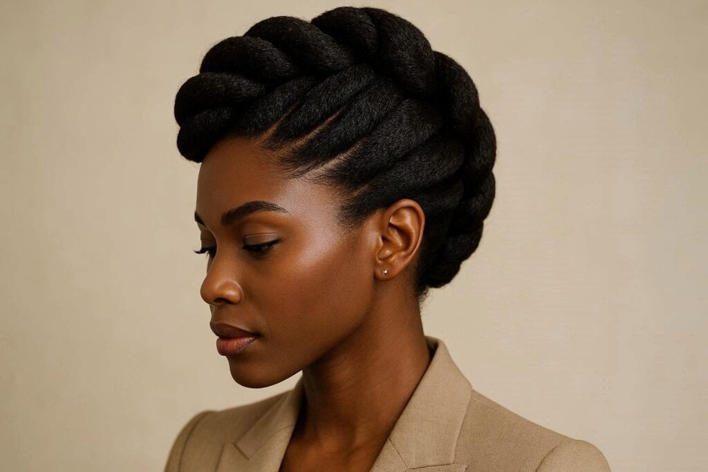 Chunky flat twist updo styled into crown shape with natural texture