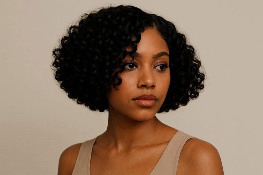 Chin-length curly bob with deep side part and defined natural curls