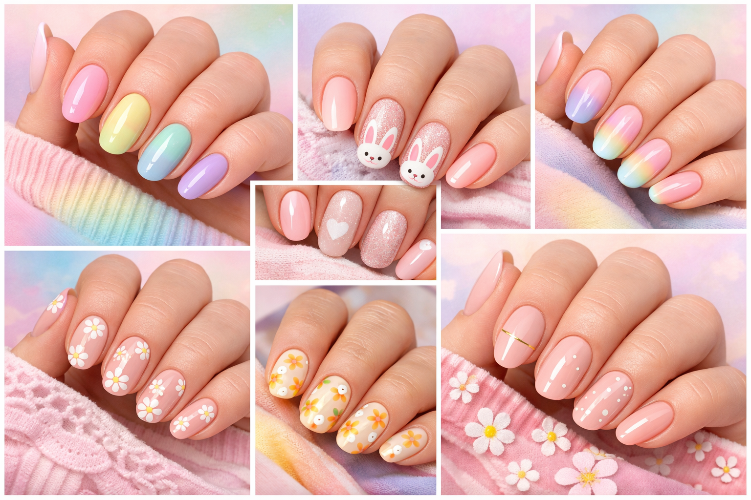 Collage of Easter nail designs on female hands featuring pastel rainbow nails, soft ombre manicure, cute bunny nail art, dainty white daisy floral nails, pretty pink spring bloom nails, butter cream retro flower nails, and minimalist gold accent nails on a soft pastel background, glossy Pinterest-style aesthetic