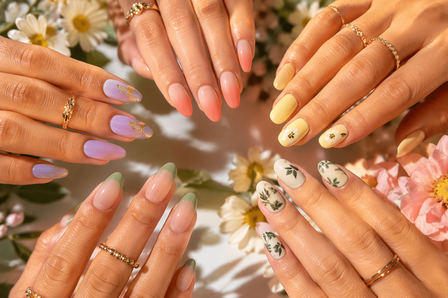 High-end editorial flat lay of manicured hands showcasing multiple spring to summer nail designs including lilac with gold foil, peach ombre, butter yellow floral nails, sage green French tips, and tropical leaf nail art in soft natural lighting with a luxury beauty aesthetic.