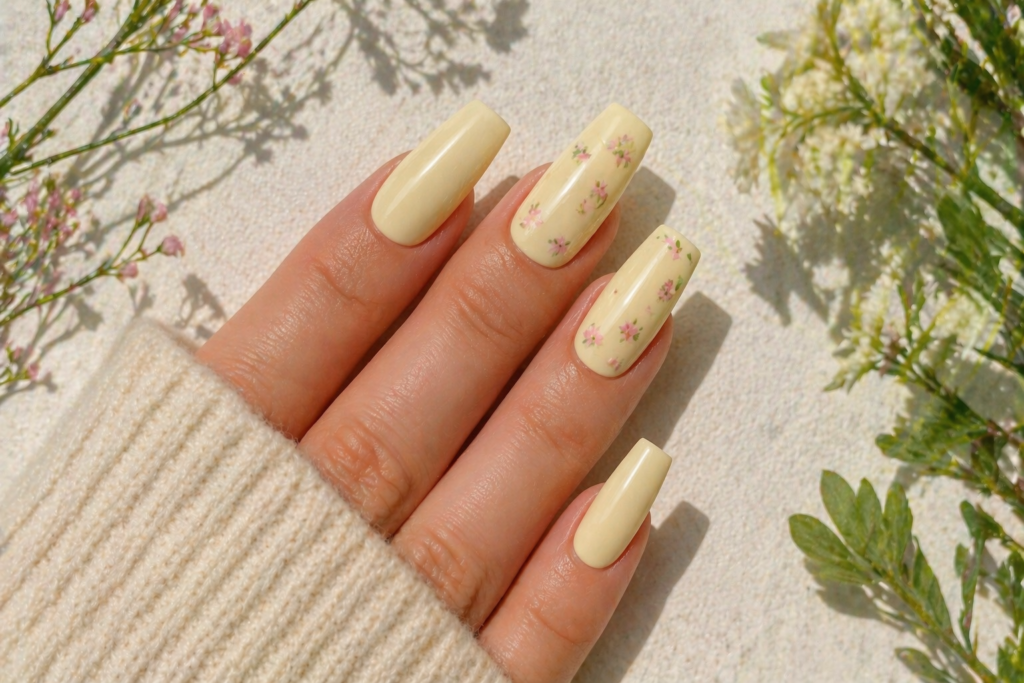 buttercream nails with tiny florals minimalist spring 2026 pastel nail designs inspo