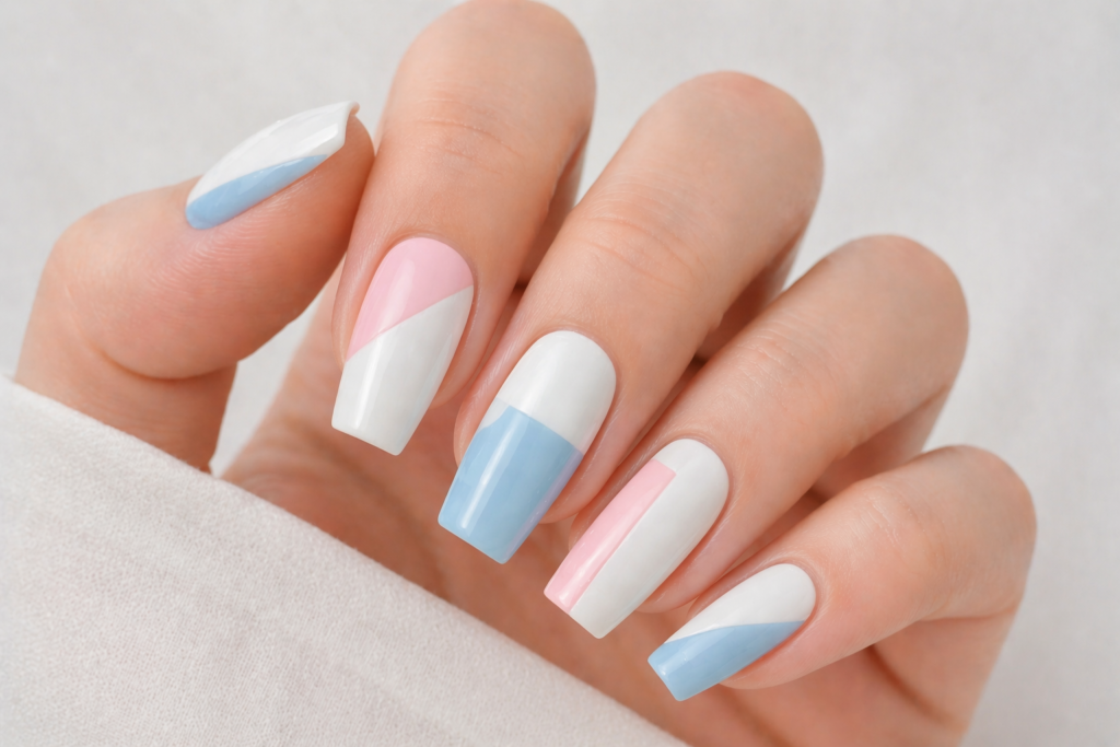white base pastel color blocking nails minimalist spring 2026 nail designs inspo
