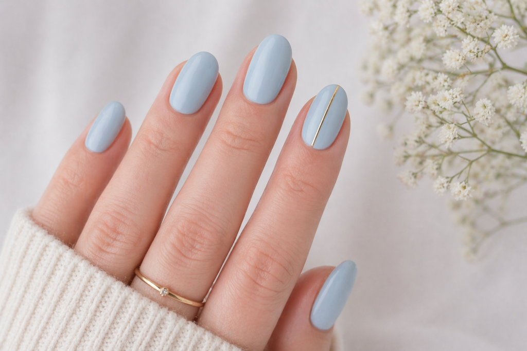 baby blue pastel nails with single gold line minimalist spring 2026 nail design inspo