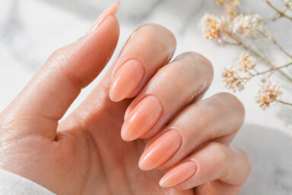 peach glazed jelly nails modern minimalist spring 2026 pastel designs inspo