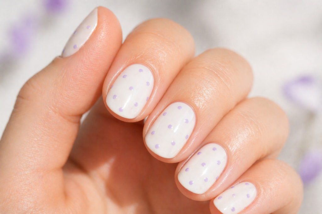 lilac dots on white base minimalist spring nail art 2026 pastel designs inspo