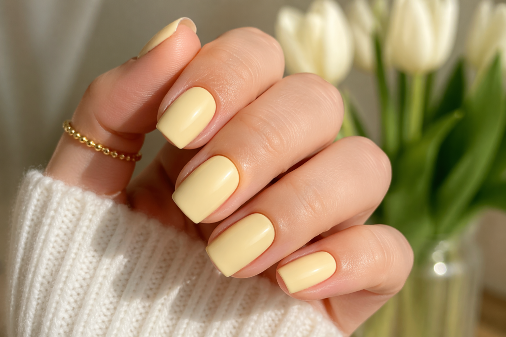 soft butter yellow squoval nails minimalist spring 2026 pastel nail designs inspo