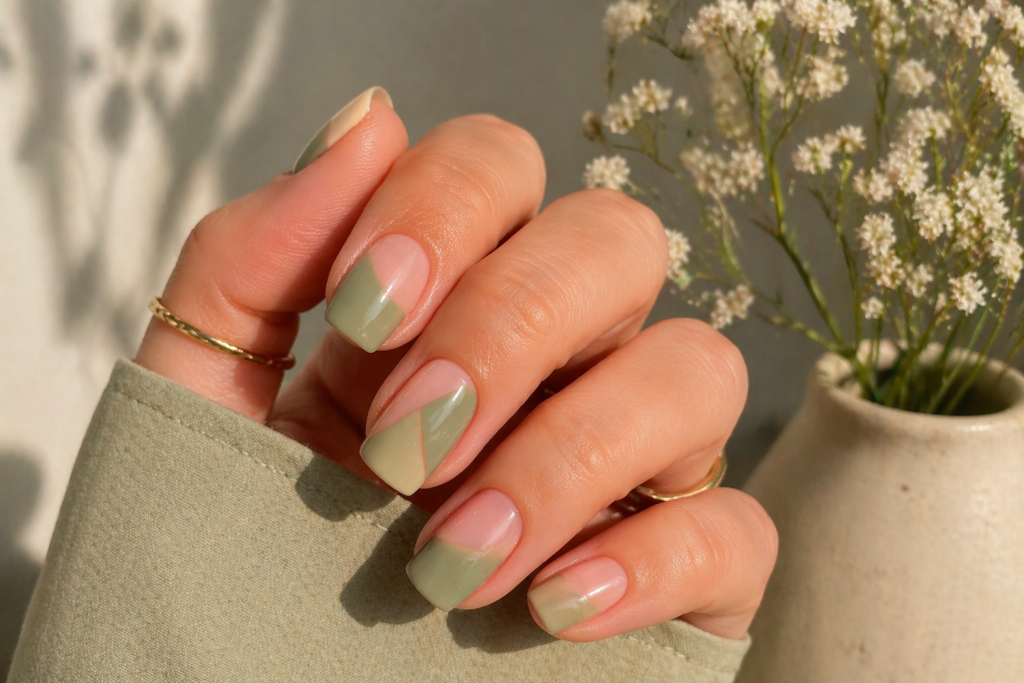 sage green negative space nails modern minimalist spring 2026 pastel designs inspo