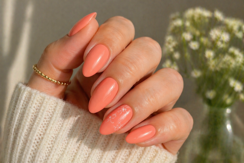 pastel coral nails with white line art minimalist spring 2026 nail designs inspo