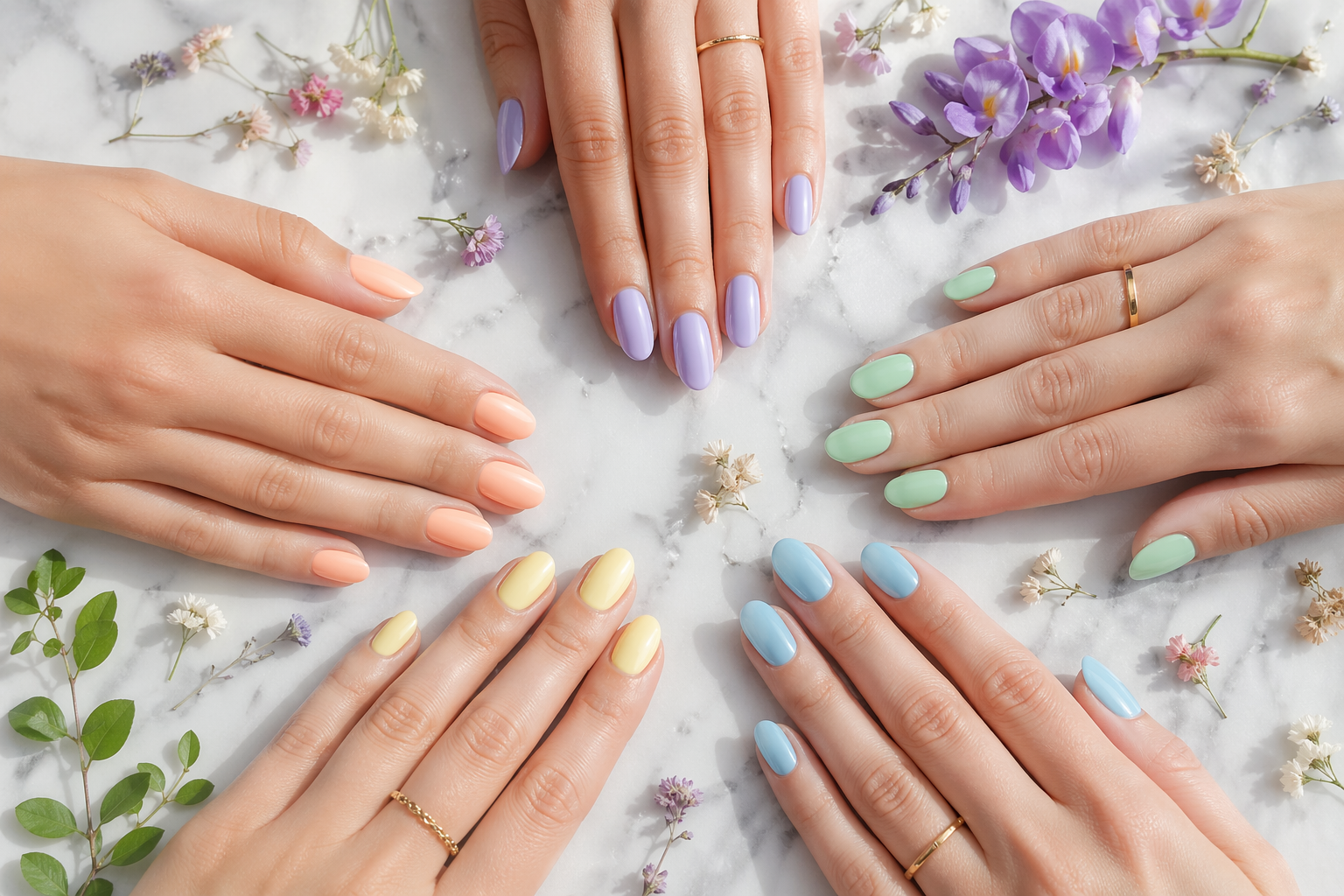 modern minimalist spring nails 2026 pastel designs inspo flat lay with lavender peach mint and butter yellow oval nails on white marble