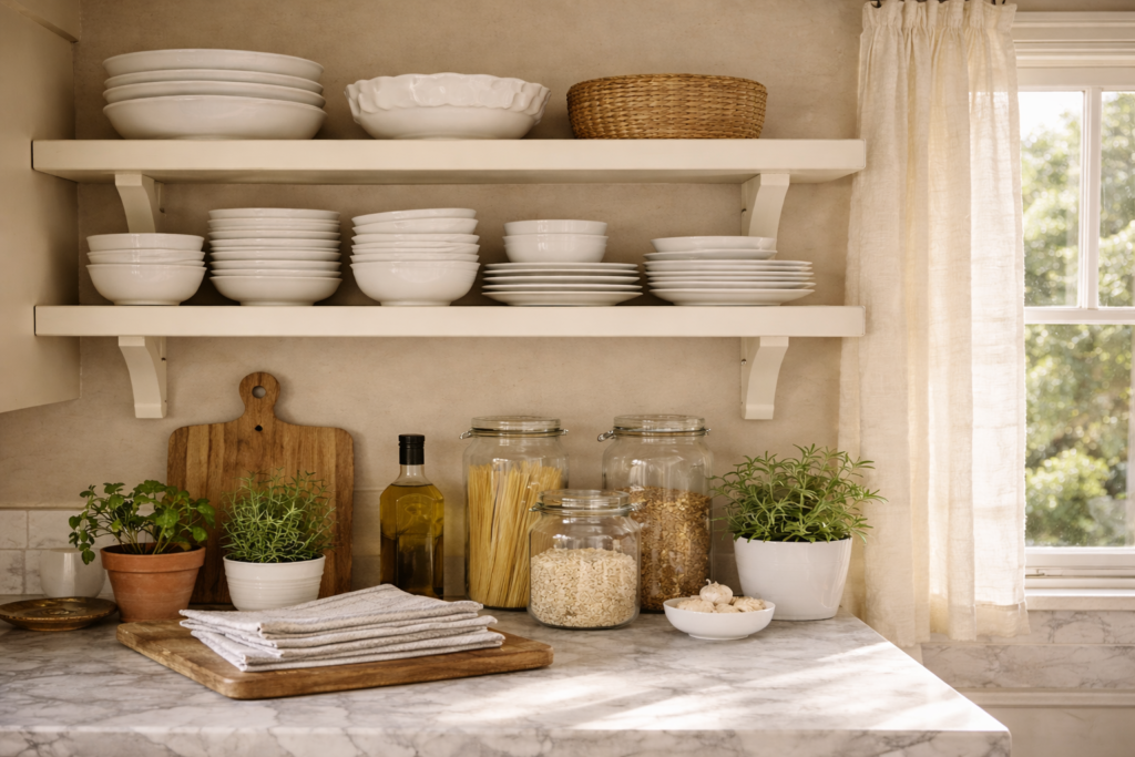 Open kitchen shelves styled with white dishes, glass jars, and potted herbs in a warm, lived-in Nancy Meyers kitchen
