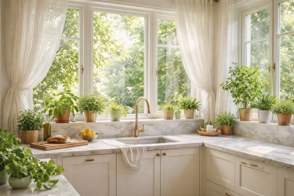 Bright kitchen with large windows, sheer curtains, and plants bringing the outdoors inside