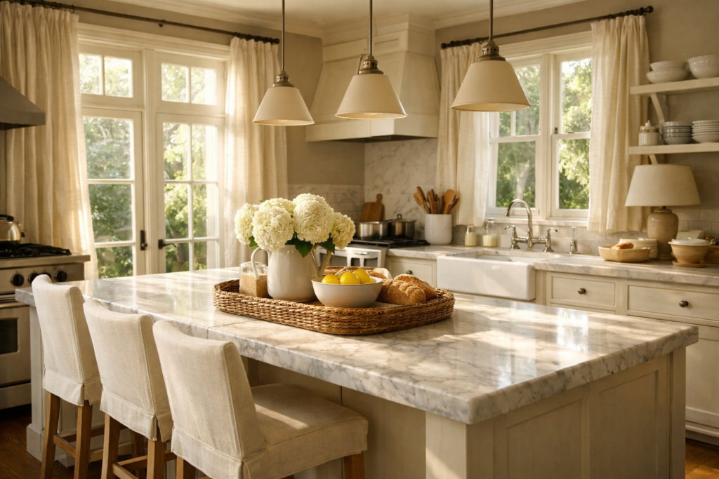 Soft white and cream kitchen with marble island, linen curtains, and warm sunlight creating an airy Nancy Meyers style space -Nancy Meyers Kitchen Ideas