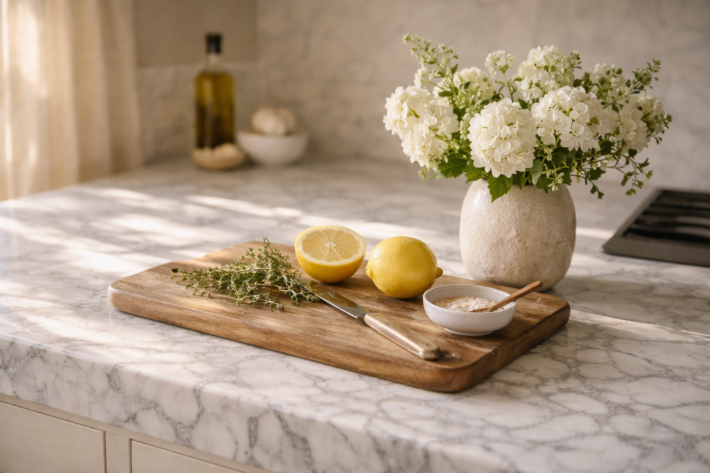 Close-up of white marble kitchen countertop with grey veining, wooden board, and natural sunlight