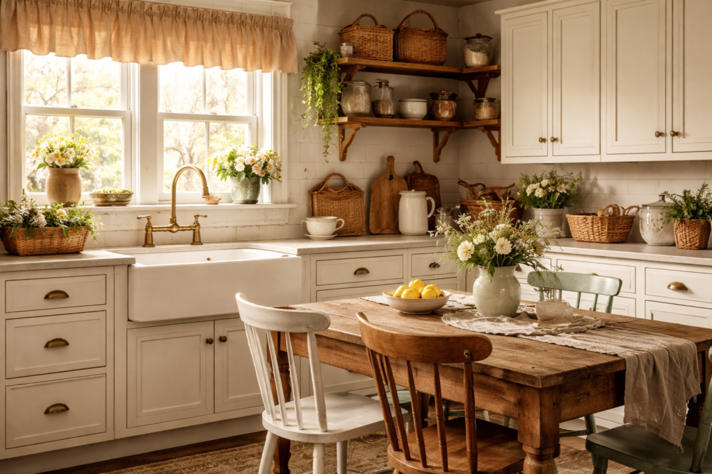 Farmhouse kitchen with apron front sink, shaker cabinets, vintage brass faucet, and rustic wooden table
