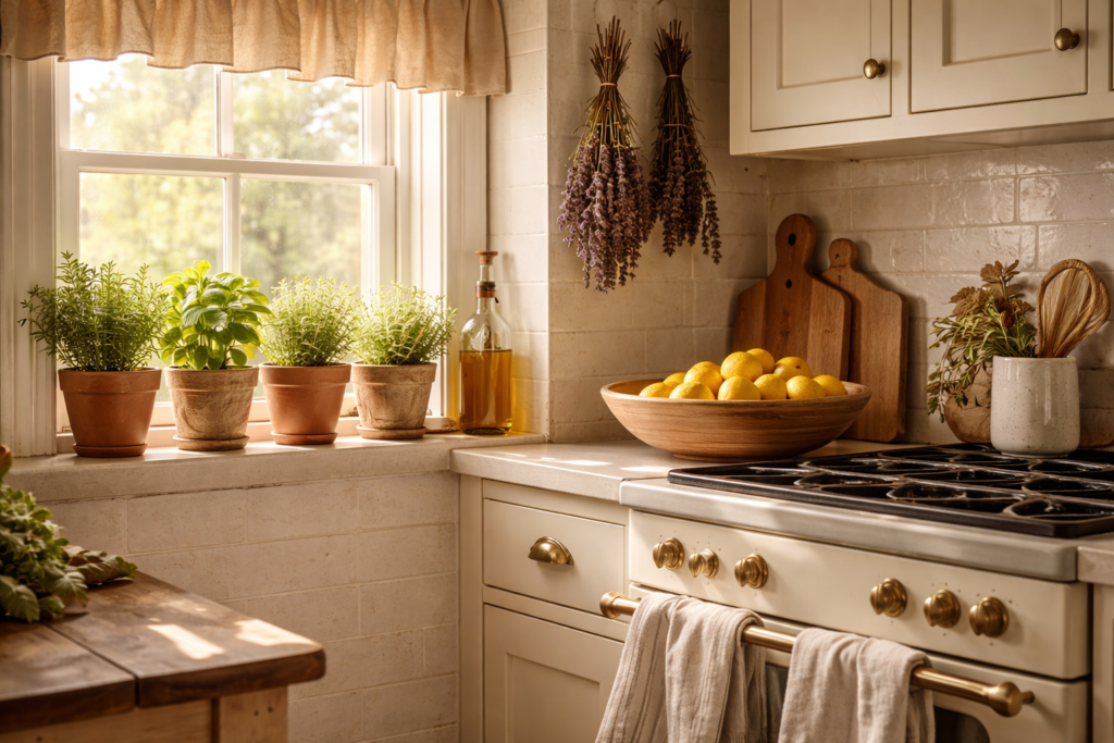 Cozy kitchen corner with herbs, linen towels, lemons in a wooden bowl, and warm natural light