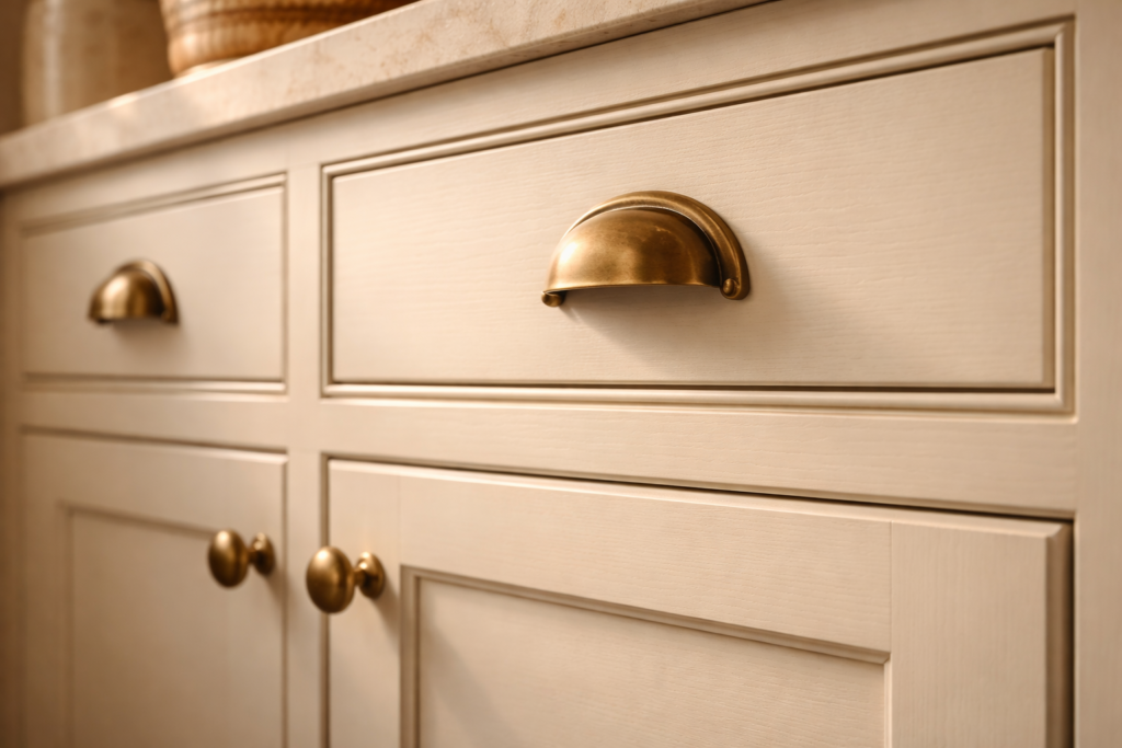 Close-up of shaker cabinets with antique brass cup pulls in a classic Nancy Meyers kitchen