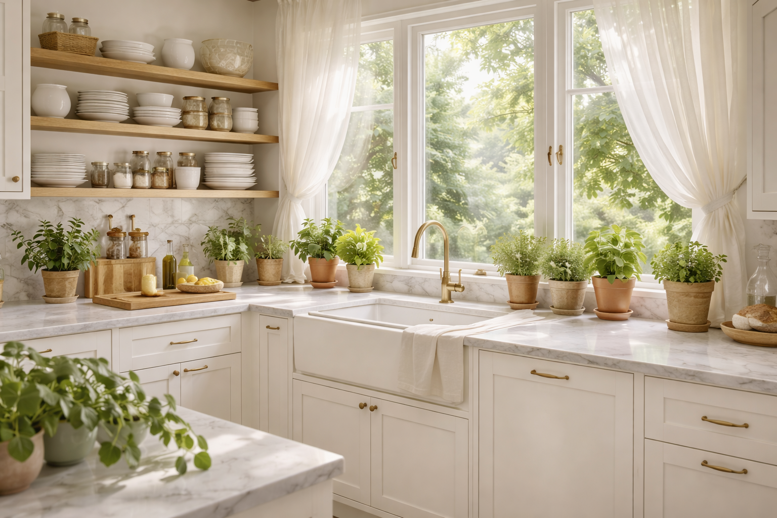 Bright airy white kitchen with shaker cabinets, marble countertops, open wooden shelves with ceramic dishes, farmhouse sink, fresh herbs, and warm sunlight in a Nancy Meyers style interior