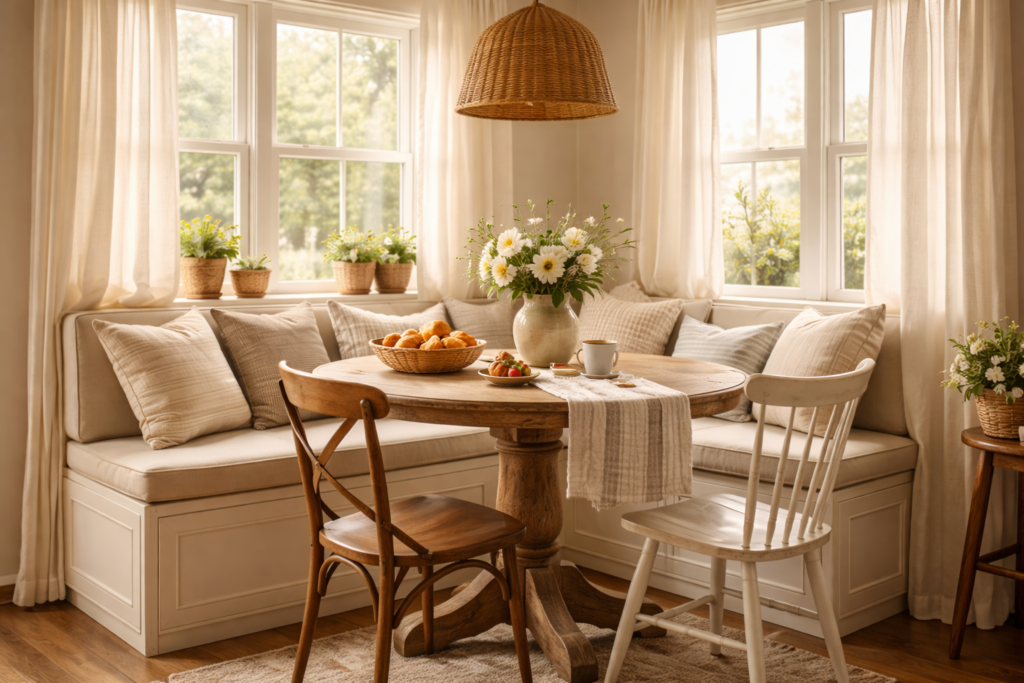 Kitchen breakfast nook with linen banquette, round wooden table, and soft morning light