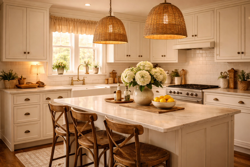 Nancy Meyers style kitchen with pendant lighting, marble island, and warm ambient glow