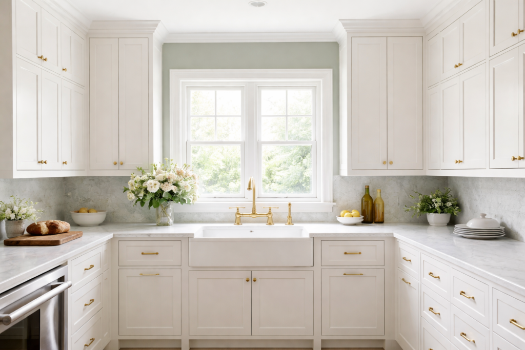 White shaker kitchen cabinets with marble countertops and brass fixtures in an elegant interior