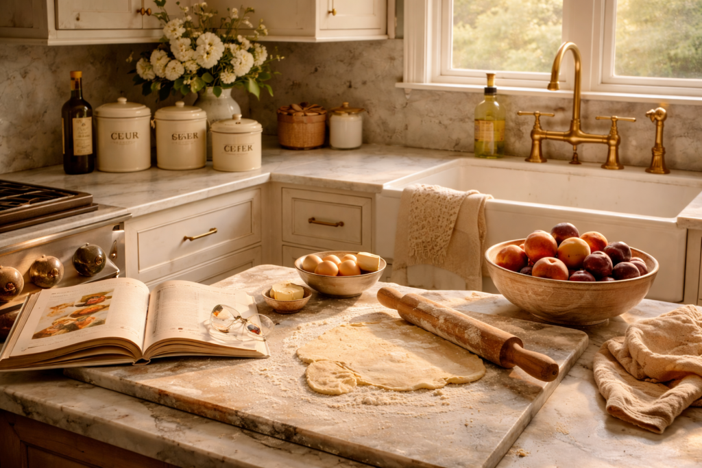 Lived-in kitchen with vintage ceramics, worn marble surface, and warm golden hour lighting