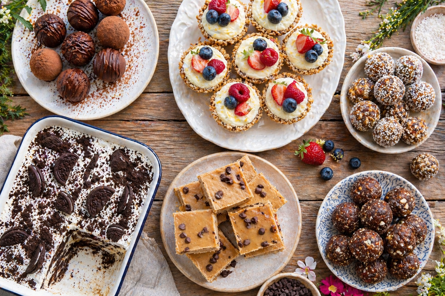 : no bake dessert recipes 2026 - collage of easy summer desserts on a wooden table