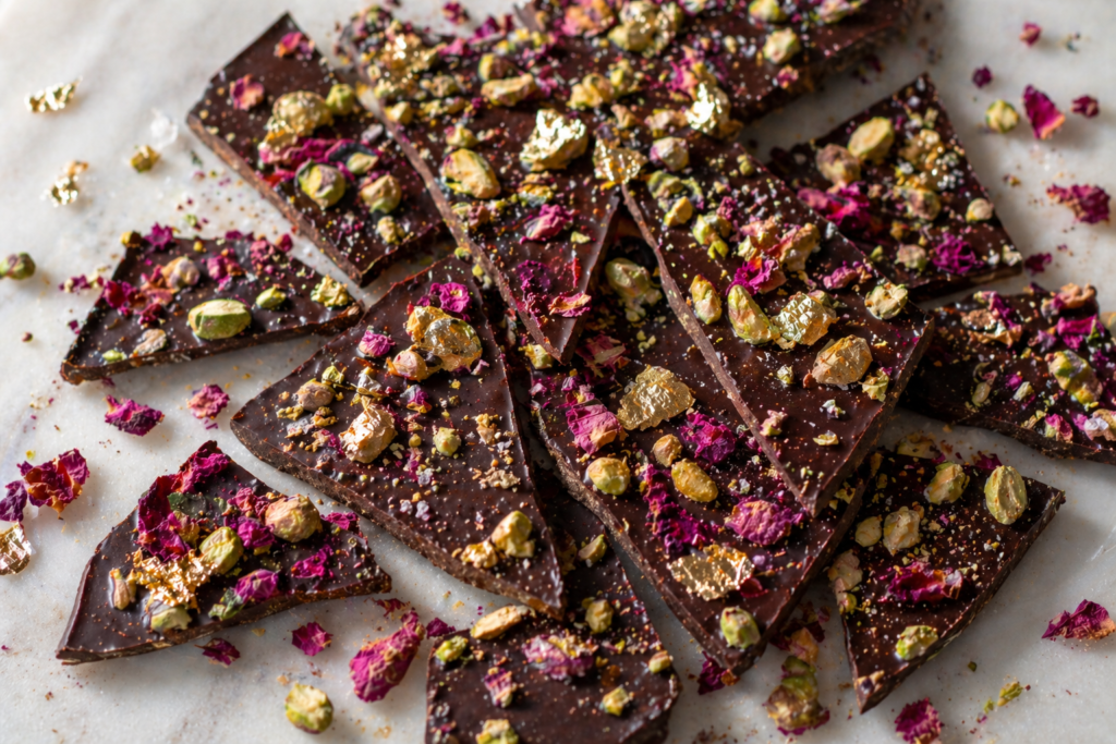 no bake dark chocolate bark recipe 2026 with pistachios and rose petals