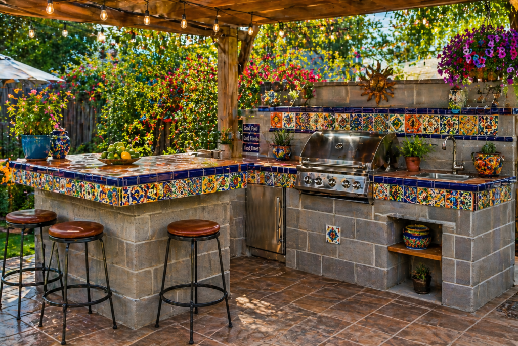 Budget-friendly DIY outdoor kitchen ideas with concrete block construction and mosaic tile countertops