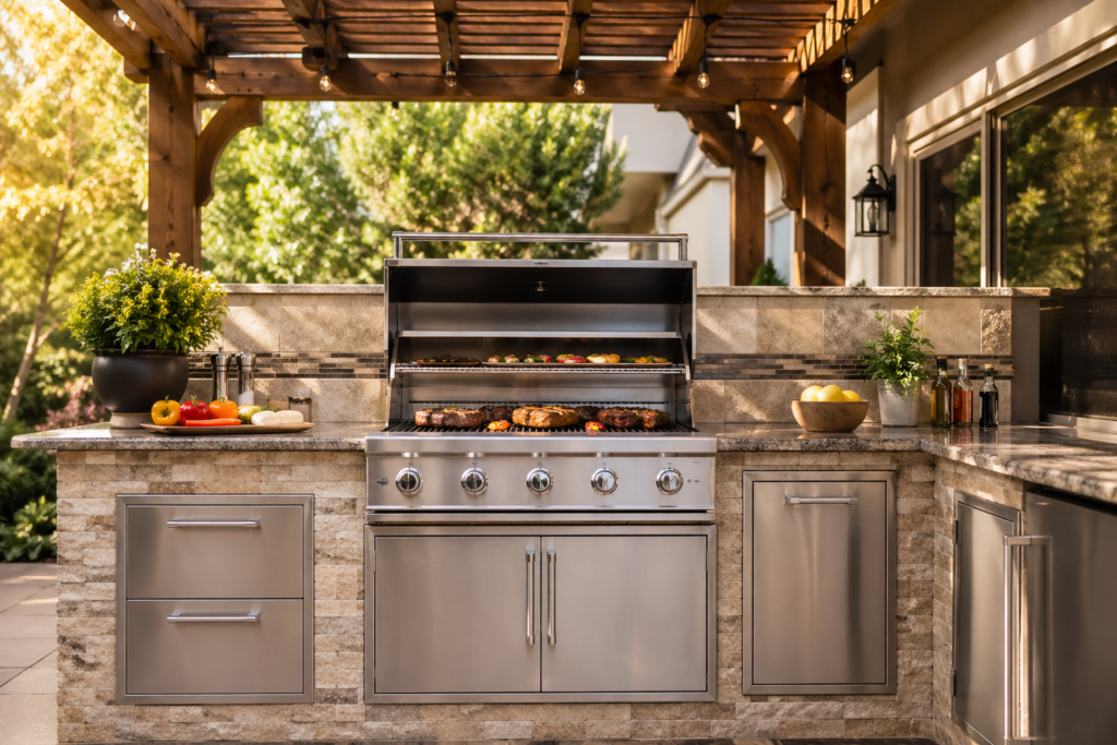 Classic built-in BBQ grill station outdoor kitchen ideas with granite countertops and pergola