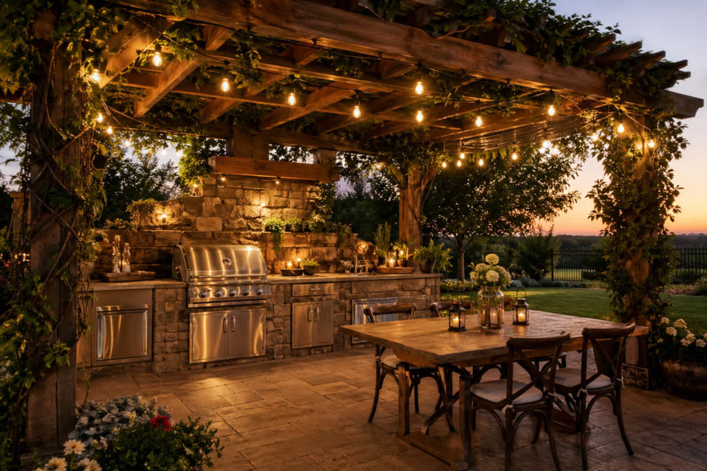 Pergola-covered outdoor kitchen ideas with wooden beams, climbing vines, and Edison string lights