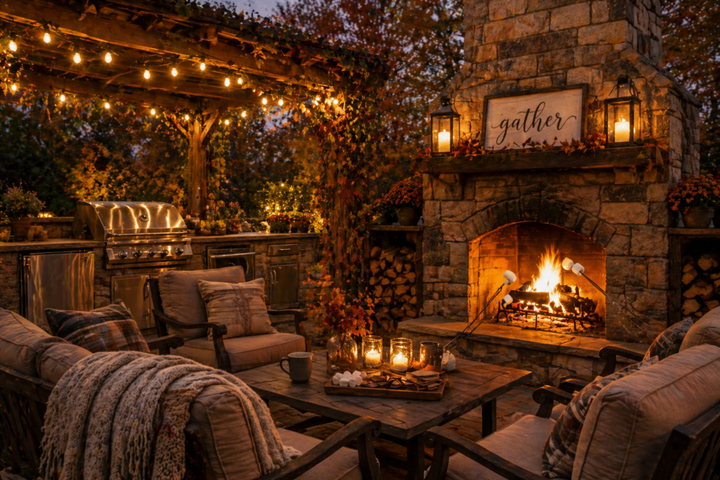 Outdoor kitchen ideas with adjacent stone fireplace, cozy seating, and warm autumn evening fire light