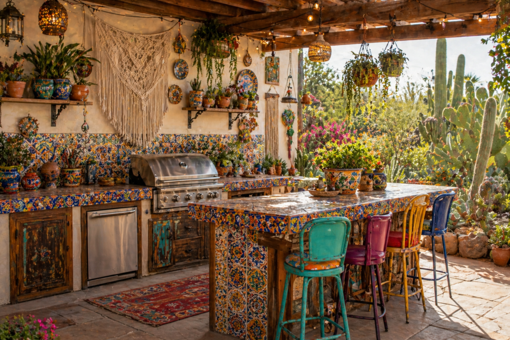 Boho eclectic outdoor kitchen ideas with colorful Talavera tile, macrame decor, and mixed vintage pottery

