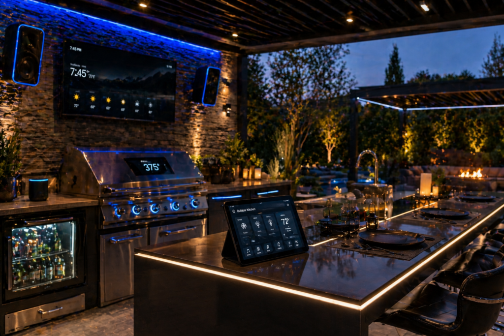 Smart tech outdoor kitchen ideas with WiFi-connected grill, tablet control panel, and smart LED lighting system