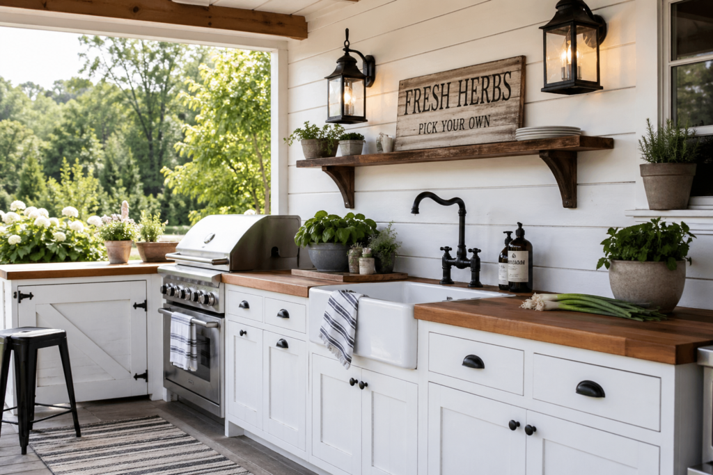  Farmhouse style outdoor kitchen ideas with white shiplap, butcher block countertops, and vintage lantern lighting