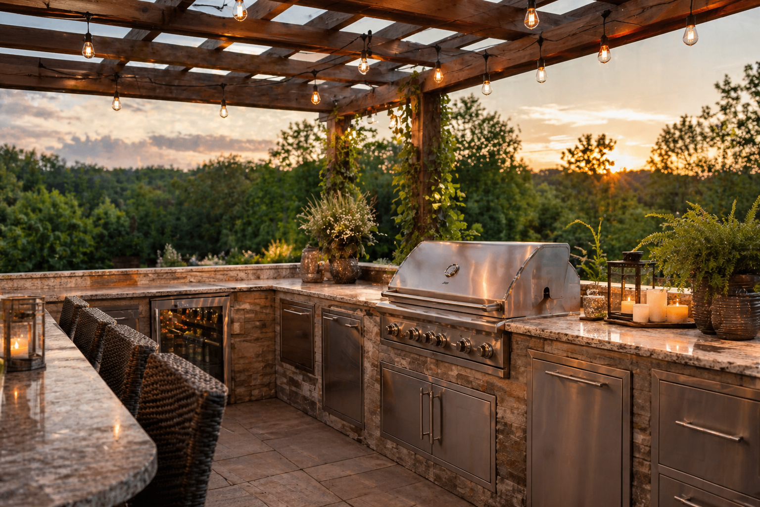 Stunning outdoor kitchen ideas with built-in grill and stone countertops under a pergola at golden hour