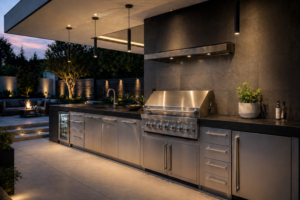 Modern minimalist stainless steel outdoor kitchen ideas with black countertops and contemporary design