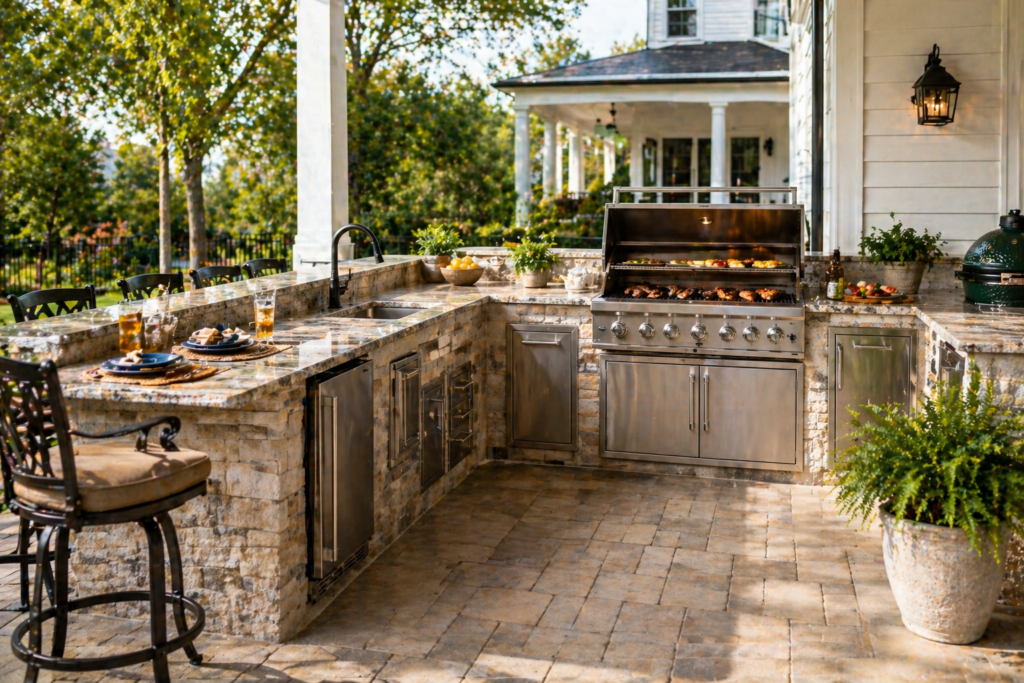 L-shaped outdoor kitchen ideas layout with built-in grill, prep sink, and bar stool seating corner
