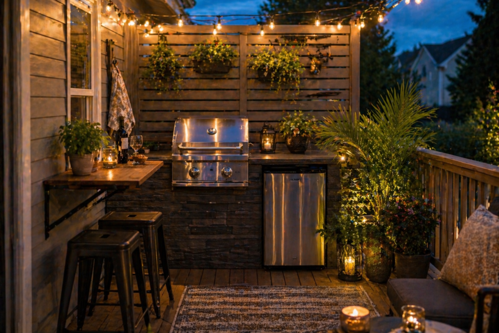 Small patio outdoor kitchen ideas with compact grill, mini fridge, and fold-down counter on tiny deck