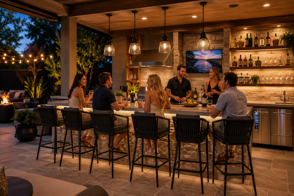 Outdoor kitchen ideas with built-in bar seating, pendant lights, and socializing guests at evening party