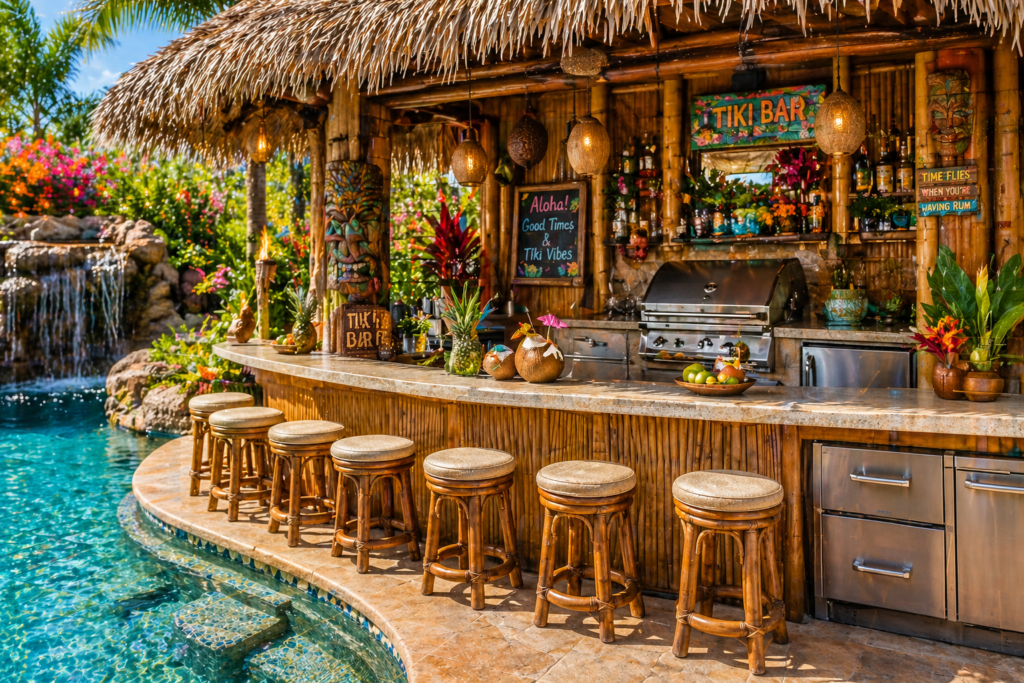 Farmhouse style outdoor kitchen ideas with white shiplap, butcher block countertops, and vintage lantern lighting