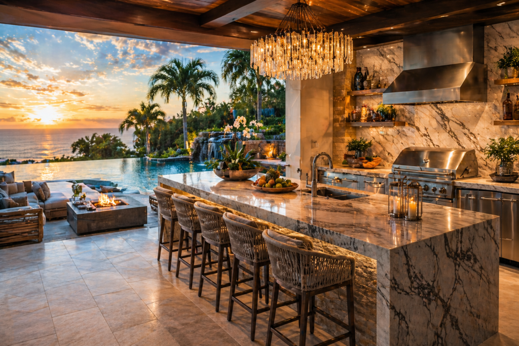 Luxury poolside outdoor kitchen ideas with marble countertops, professional appliances, and infinity pool view