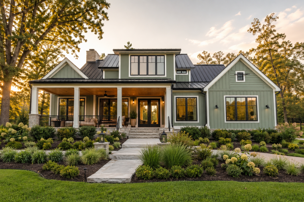 Pewter green house modern farmhouse exterior with black metal roof and white trim