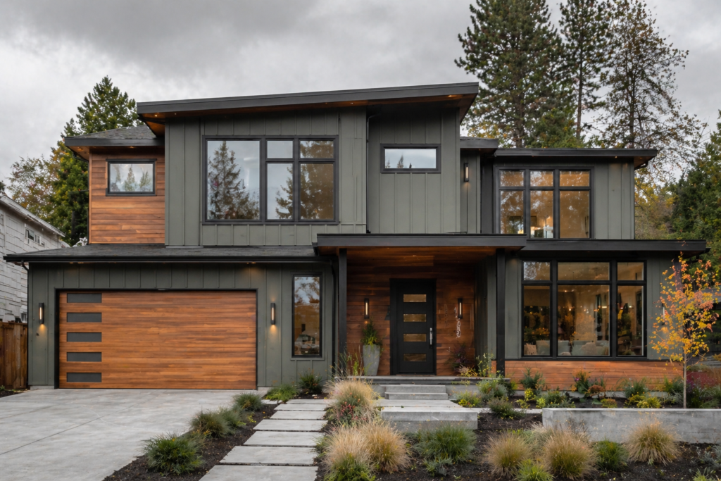 Pewter green contemporary house with vertical siding warm cedar wood accents and black steel windows