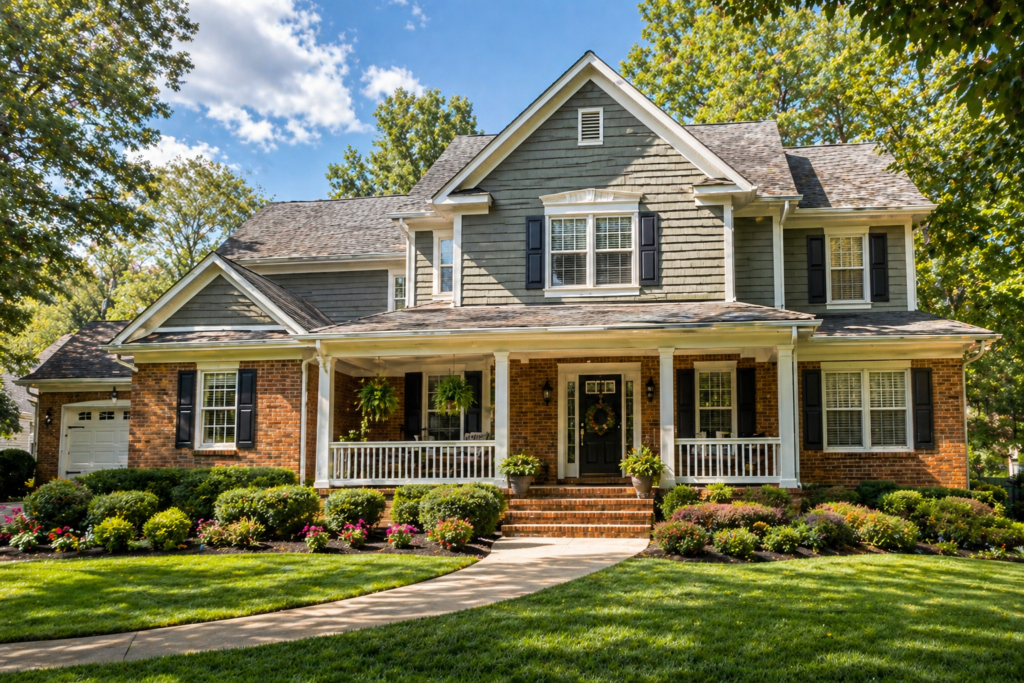  Pewter green two-story house with red brick lower level and pewter green upper gables white trim