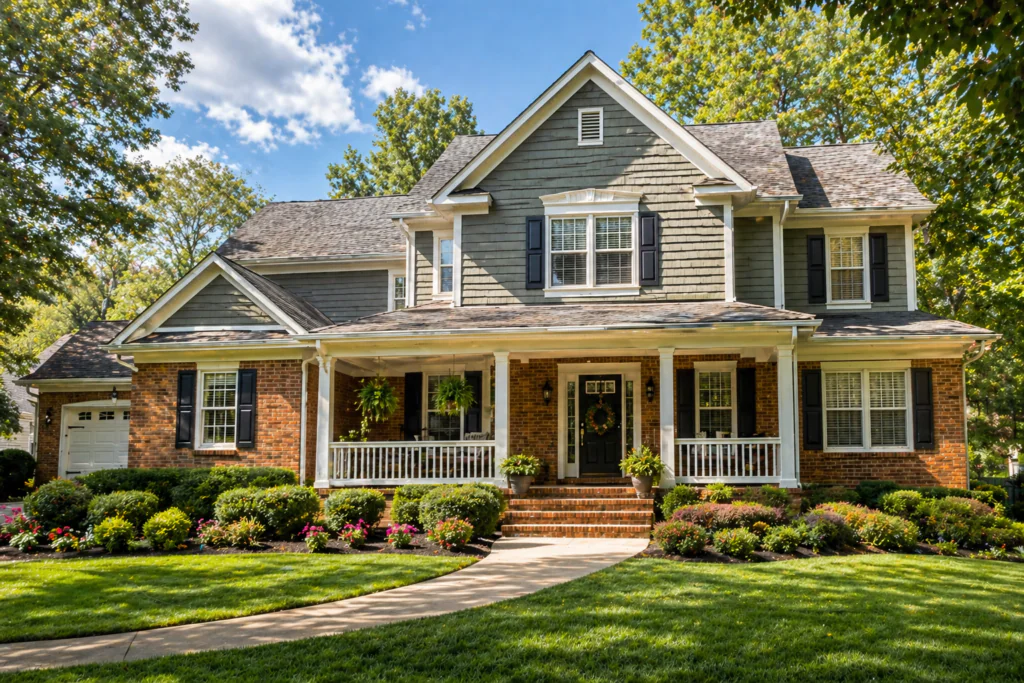 Pewter green two-story house with red brick lower level and pewter green upper gables white trim