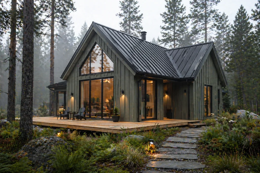 Pewter green Scandinavian cabin with dark metal roof and natural wood accents surrounded by trees