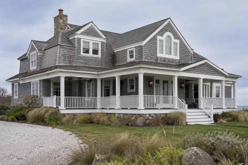 Pewter green coastal shingle home with white trim and light gray stone foundation near the beach