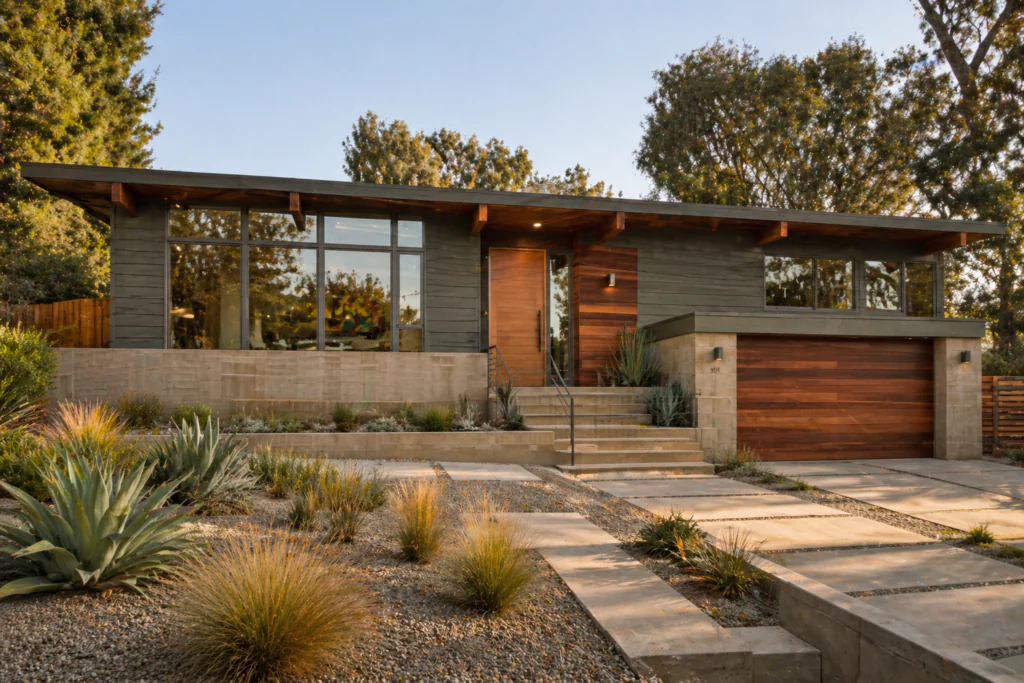 Pewter green mid-century modern ranch house with warm wood accents and large glass windows